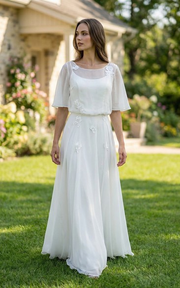 Poet Sleeve Chiffon Bohemian Sheath Wedding Dress