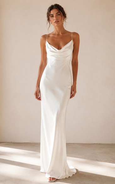 Cowl Neck Satin Sheath Wedding Dress with Spaghetti Straps and Low Back