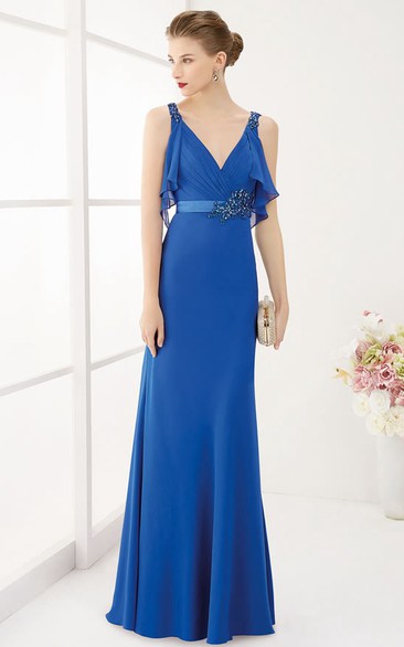 V Neck Empire Crystal Satin Sash Long Prom Dress With Removable Wrap Top