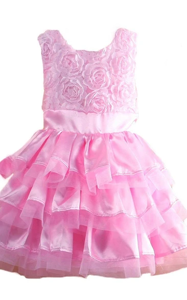 Sleeveless A-line Tiered Dress With Flowers and Bow
