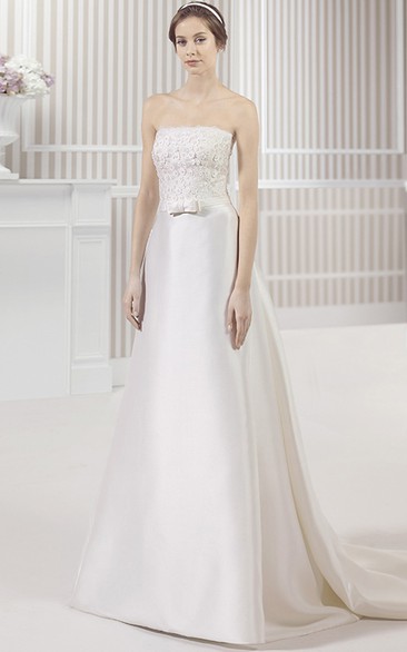 Strapless Floor-Length Floral Satin Wedding Dress With Brush Train And V Back
