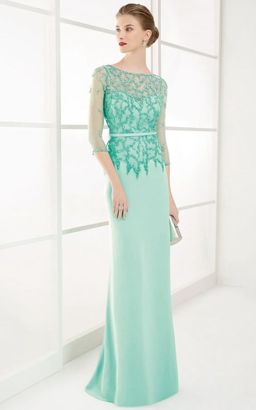 Sheath Floor-Length Scoop-Neck Beaded 3-4-Sleeve Satin Prom Dress
