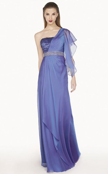 Single Ruffled Sleeve Chiffon Long Prom Dress With Cascading Skirt