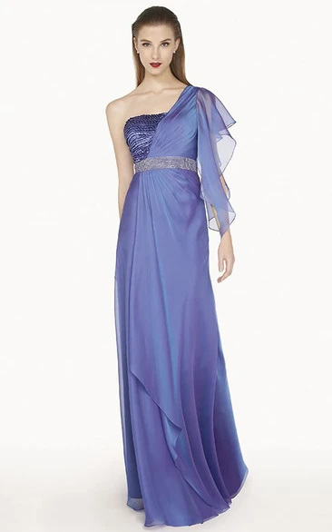 Single Ruffled Sleeve Chiffon Long Prom Dress With Cascading Skirt