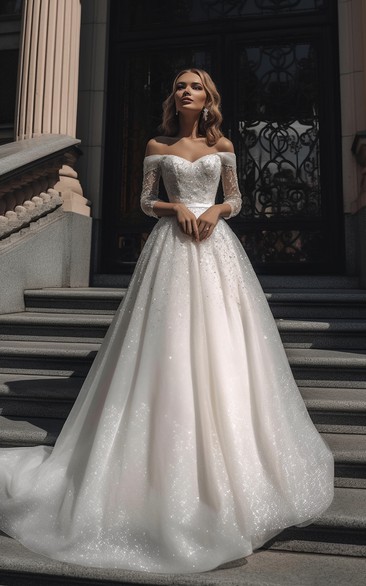 Off-the-shoulder A-line Ball Gown Illusion Long Sleeve Luxury Wedding Dress