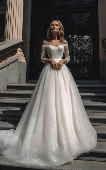 Off-the-shoulder A-line Ball Gown Illusion Long Sleeve Luxury Wedding Dress