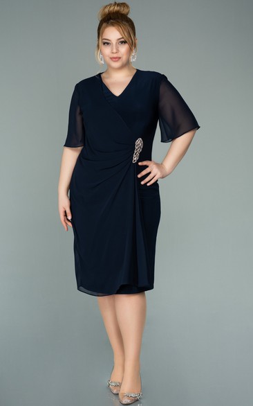 Casual Empire Plus Size Half-sleeve Chiffon Pencil Ruched Plus Size Mother of Bride Dress