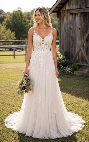 Country V-neck Tulle A-line Wedding Dress with Lace