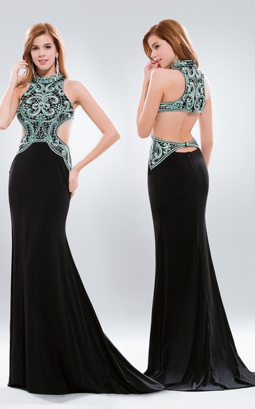 Sheath High Neck Sleeveless Jersey Keyhole Dress With Beading