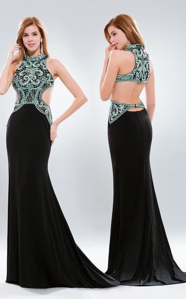 Sheath High Neck Sleeveless Jersey Keyhole Dress With Beading