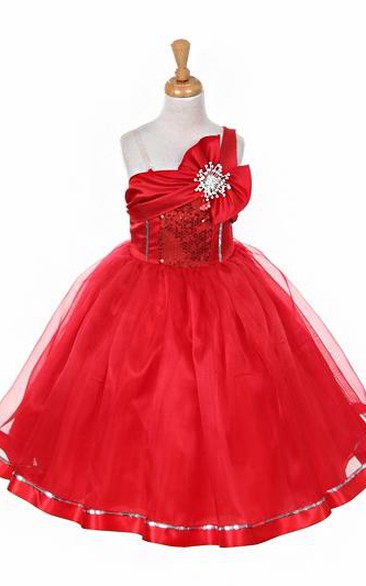 Broach Tea-Length Bowed Tiered Sequins&Organza Flower Girl Dress With Sash