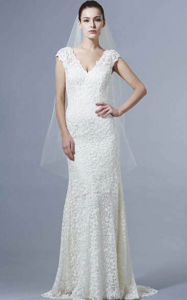 V-Neck Floor-Length Cap-Sleeve Lace Wedding Dress With Brush Train And V Back