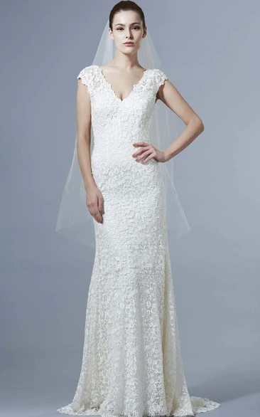 V-Neck Floor-Length Cap-Sleeve Lace Wedding Dress With Brush Train And V Back