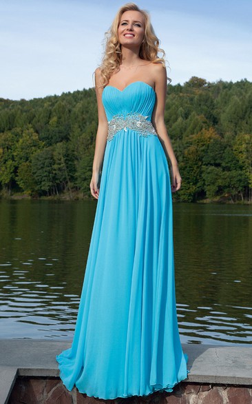 Ruched Sweetheart Sleeveless Floor-Length Chiffon Prom Dress With Waist Jewellery
