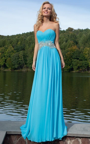 Ruched Sweetheart Sleeveless Floor-Length Chiffon Prom Dress With Waist Jewellery