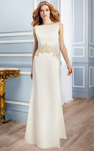 Sheath Long Sleeveless Appliqued Bateau Wedding Dress With Court Train And Low-V Back