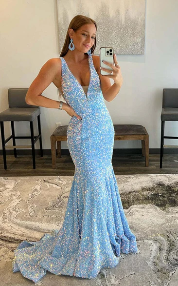 Shimmering Light-Blue Sequin Mermaid Gown with Plunging V-Neck