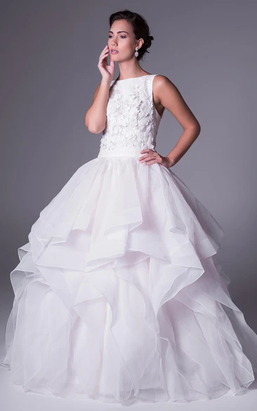 Ball Gown Draped Bateau-Neck Floor-Length Sleeveless Tulle Wedding Dress With Appliques