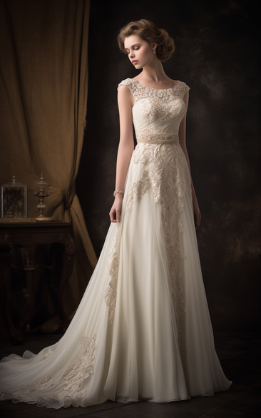 Sheath Scoop-neck Cap Empire Applique Pleated Wedding Dress with Beaded Waist