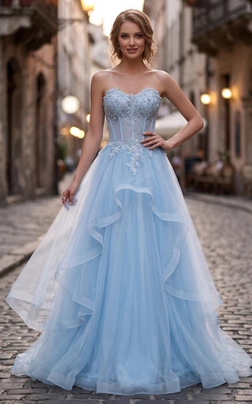 Light Blue Strapless Floral Ball Gown with Ruffles