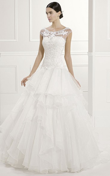 Jewel Scoop Neck Cap Sleeve Layered Organza Bridal Gown With Lace