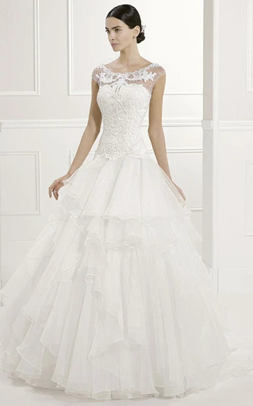 Jewel Scoop Neck Cap Sleeve Layered Organza Bridal Gown With Lace