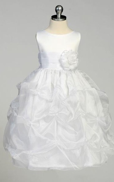 Tea-Length Ruched Organza&Satin Flower Girl Dress