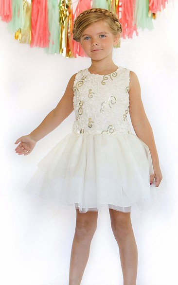 Embroideried Knee-Length Floral Tulle&Sequins Flower Girl Dress With Ribbon