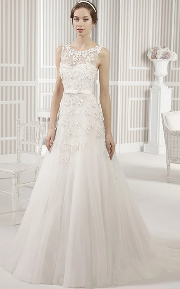 A-Line Floor-Length Sleeveless Scoop Floral Tulle Wedding Dress With Pleats