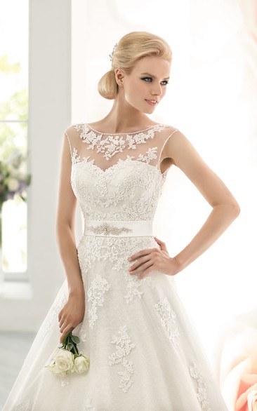 Long Sleeveless A-line Lace Wedding Dress With Beaded Sash