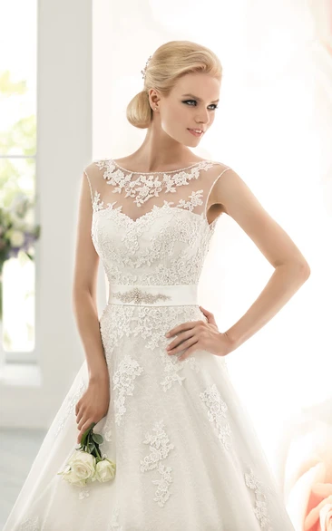 Long Sleeveless A-line Lace Tea Length Wedding Dress With Beaded Sash