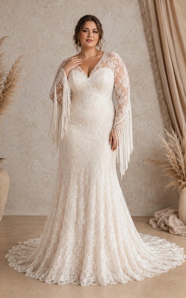 Elfenbeinfarbenes Meerjungfrauen-Brautkleid in Übergröße mit langen Ärmeln, Spitze und V-Ausschnitt