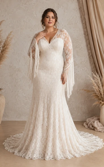 Elfenbeinfarbenes Meerjungfrauen-Brautkleid in Übergröße mit langen Ärmeln, Spitze und V-Ausschnitt