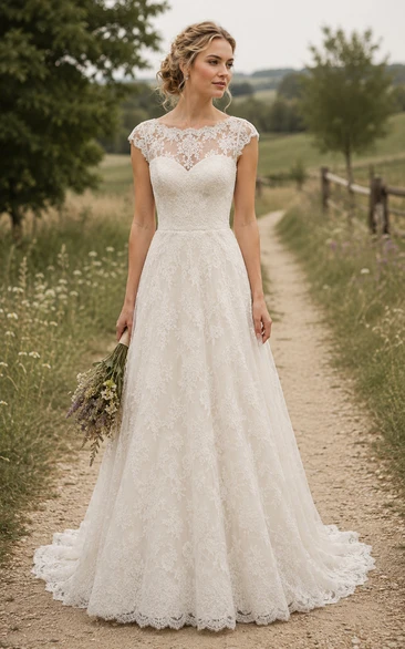 Modest Cap Sleeve A-Line Lace Country Wedding Dress with Illusion Neckline