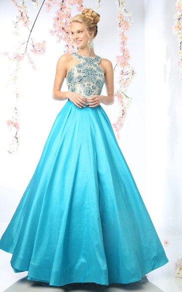 A-Line Long Jewel-Neck Sleeveless Satin Zipper Dress With Beading