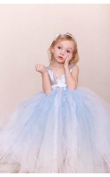 V Neck Empire Jewel Waist Tulle Ball Gown With Tiers and Bow