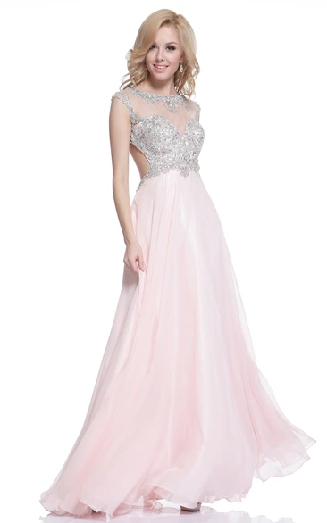 A-Line Long Jewel-Neck Cap-Sleeve Empire Backless Dress With Beading And Pleats