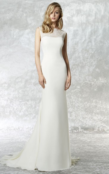 High Neck Maxi Lace Jersey Wedding Dress With Sweep Train And Illusion