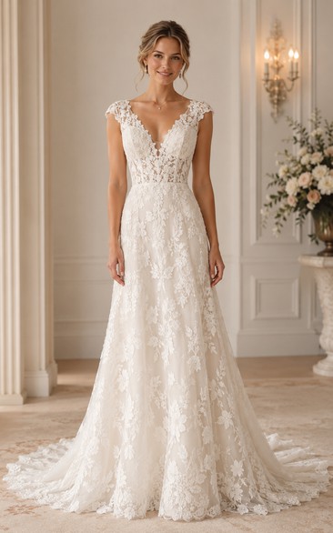 Cap Sleeve Lace A-Line Wedding Dress with Illusion V-Neck and Chapel Train