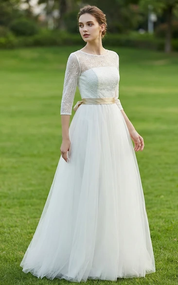Scoop Neck Lace Bodice Tulle Wedding Dress