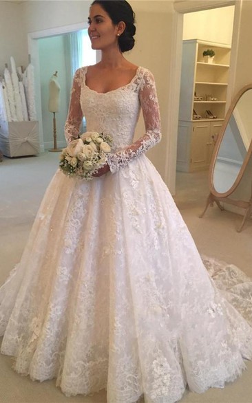 Luxury Lace and Tulle Illusion Sleeve Ball Gown Elegant Wedding Dress