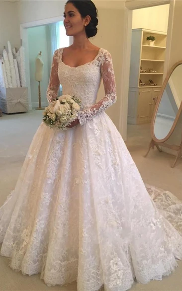 Luxury Lace and Tulle Illusion Sleeve Ball Gown Wedding Dress