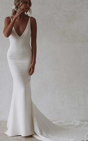 White Sheath Wedding Dress with Deep V-Neck