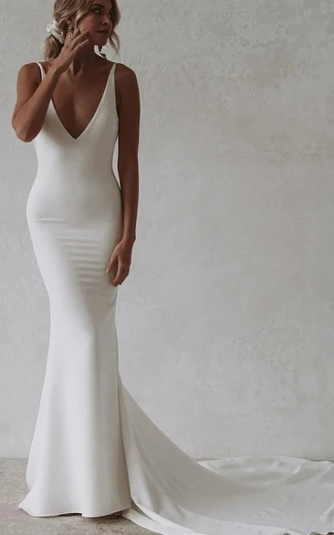 White Sheath Wedding Dress with Deep V-Neck