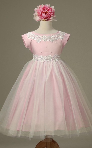 Tea-Length Appliqued Cap-Sleeve Tulle&Lace Flower Girl Dress