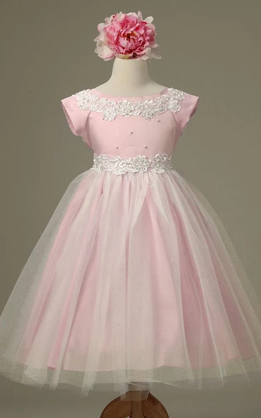 Tea-Length Appliqued Cap-Sleeve Tulle&Lace Flower Girl Dress