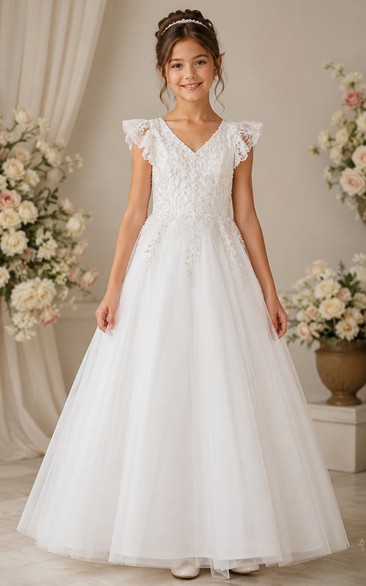White A-Line Lace Flower Girl Dress with Appliques