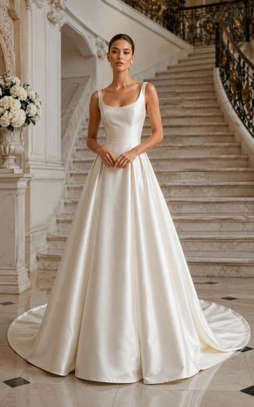 Vintage Satin Scoop Neck Ball Gown Wedding Dress