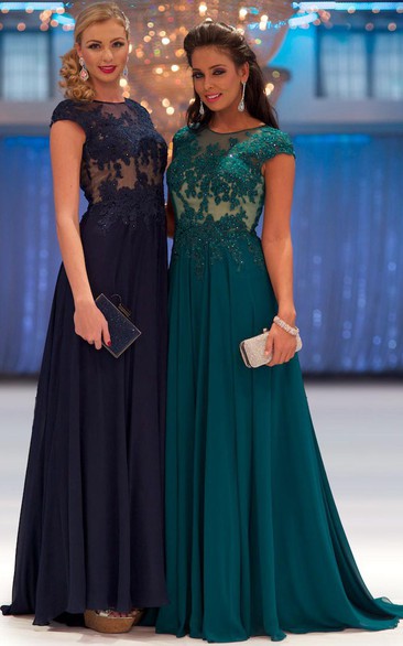 A-Line Beaded Long Cap-Sleeve Jewel-Neck Chiffon Prom Dress With Appliques And Pleats