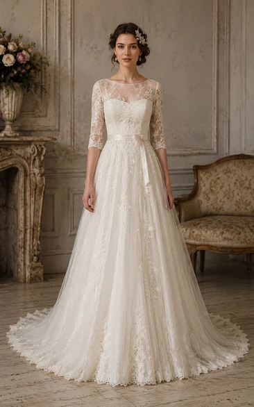 Vintage 3/4 Sleeve Lace A-Line Chapel Wedding Dress